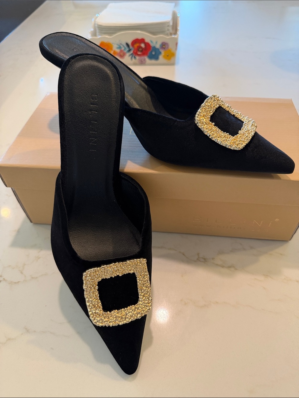 Billini Black Pointed Mule with Gold Buckle Accent